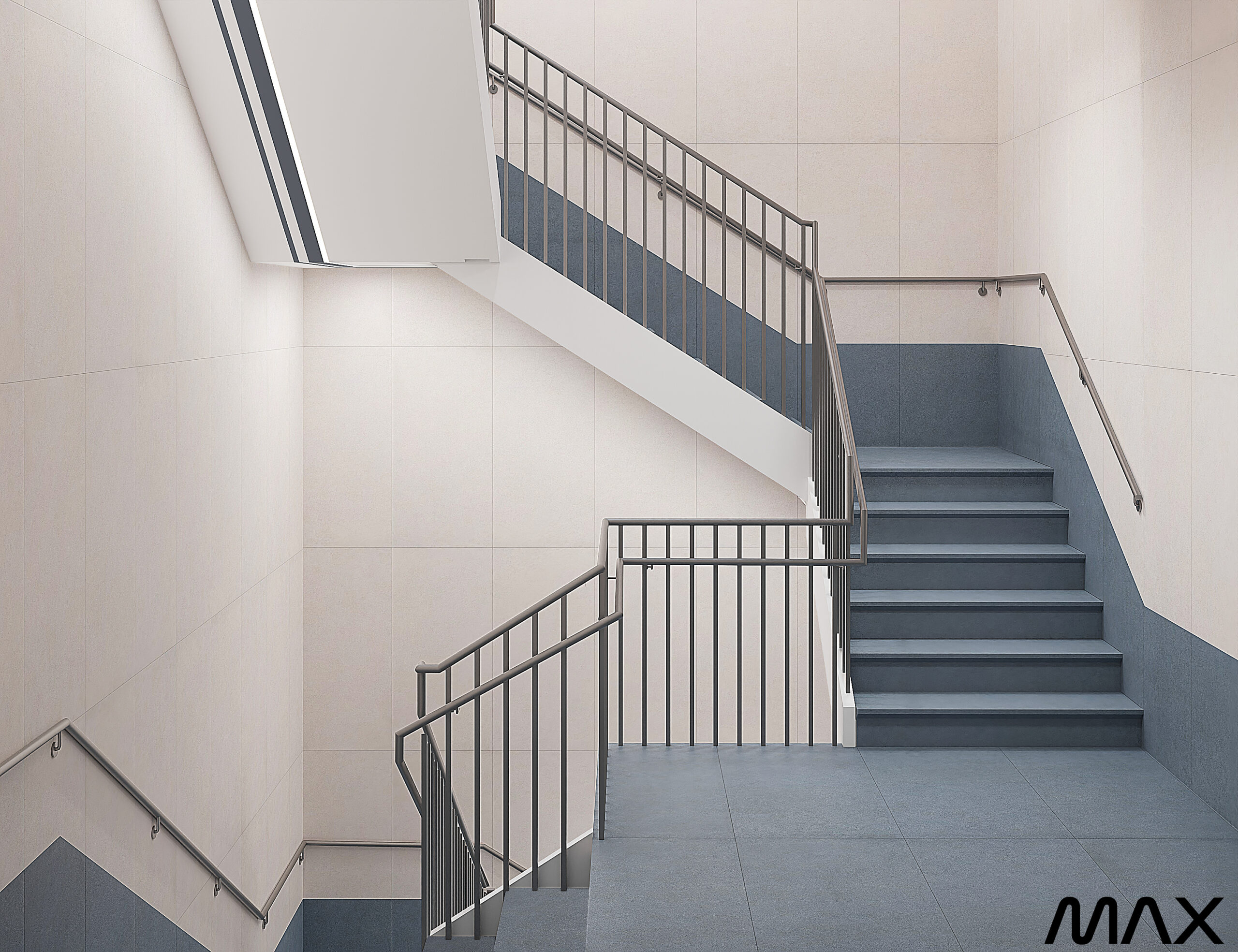 Stairwell with modern design and railings.