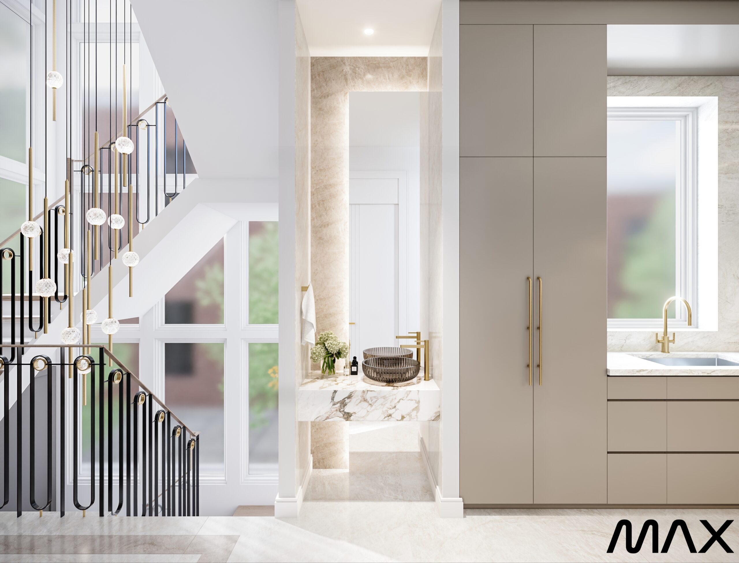 Modern hallway with staircase and kitchen area.
