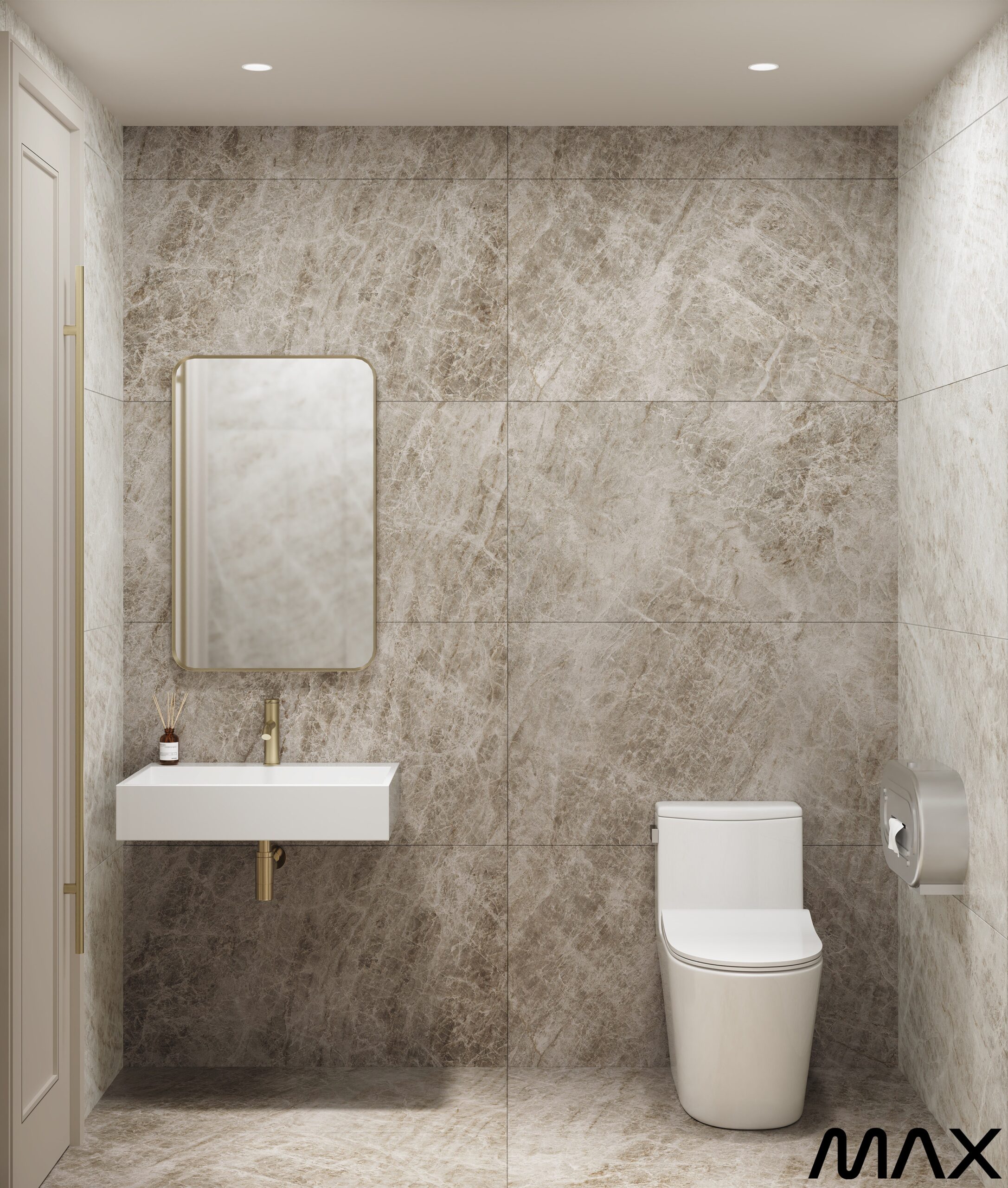Modern bathroom with marble walls and fixtures.