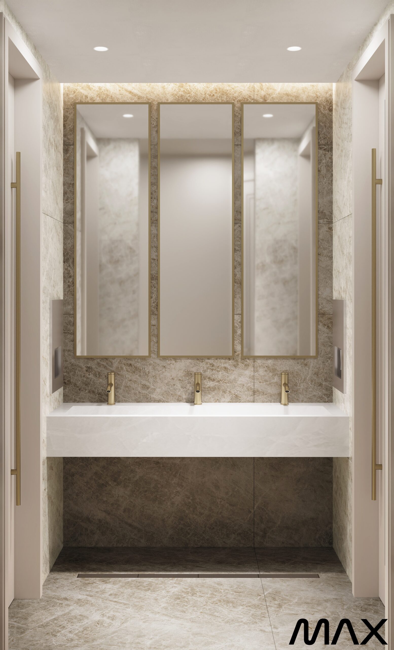 Modern bathroom with three-panel mirror design.