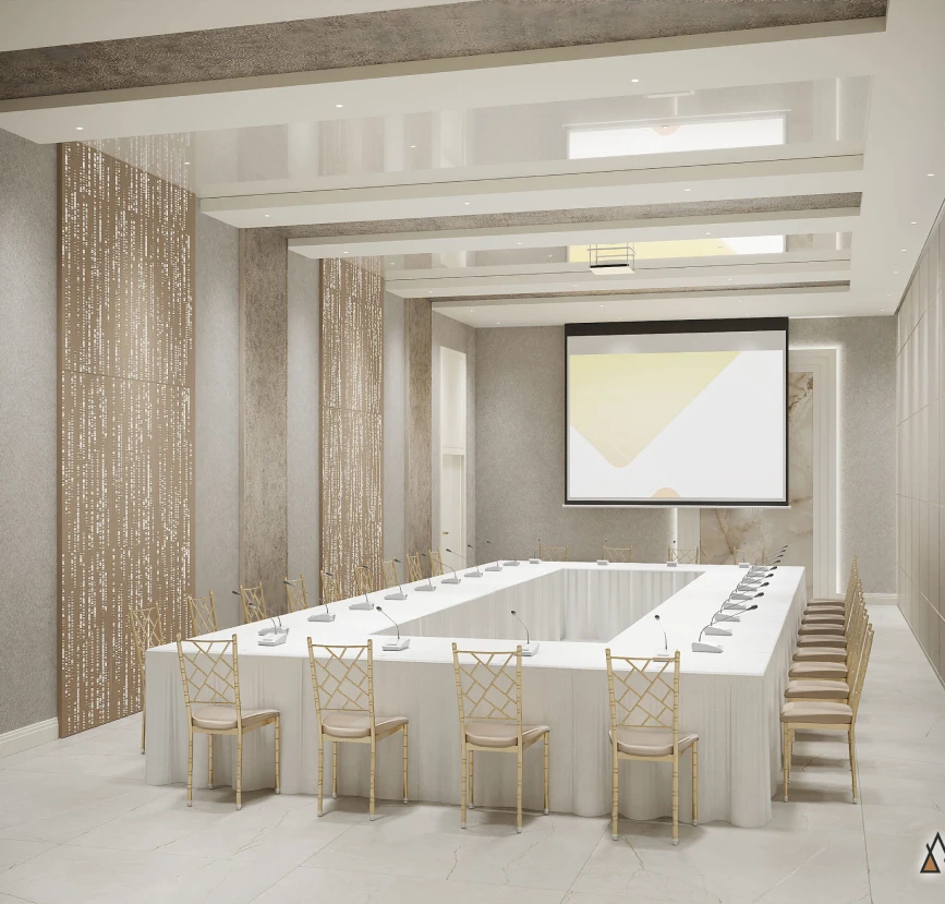Elegant conference room with U-shaped table.