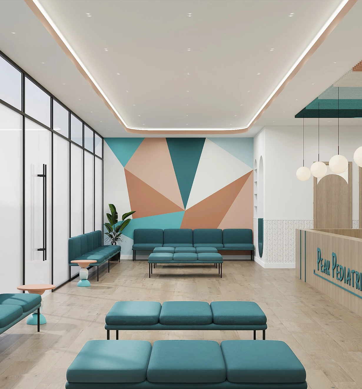 Modern waiting room with geometric wall design.