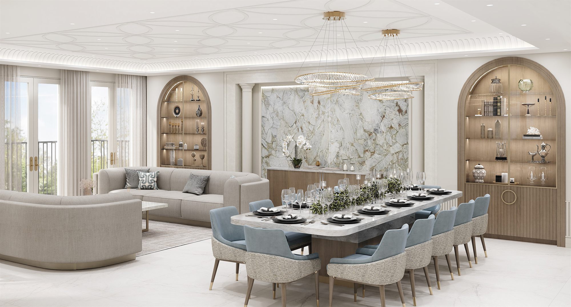 Dining room with marble feature wall and arched display cabinets