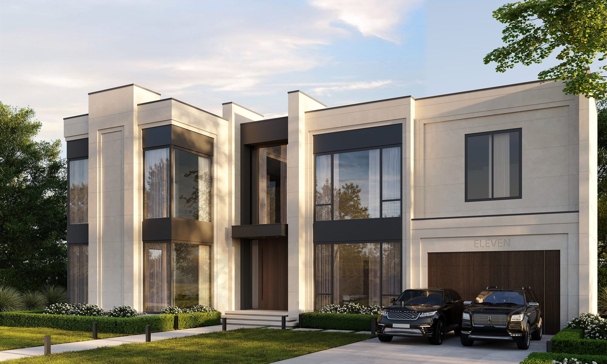 Contemporary stone facade at dusk
