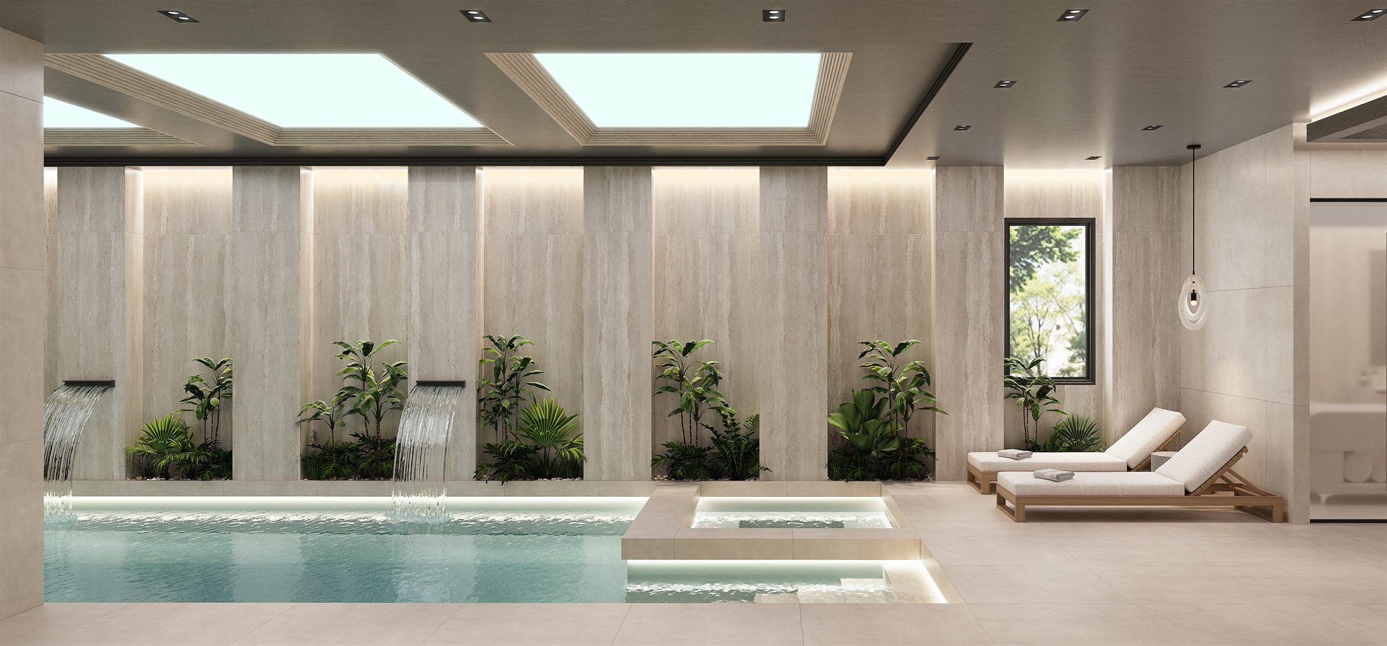 Indoor pool with travertine walls and water features