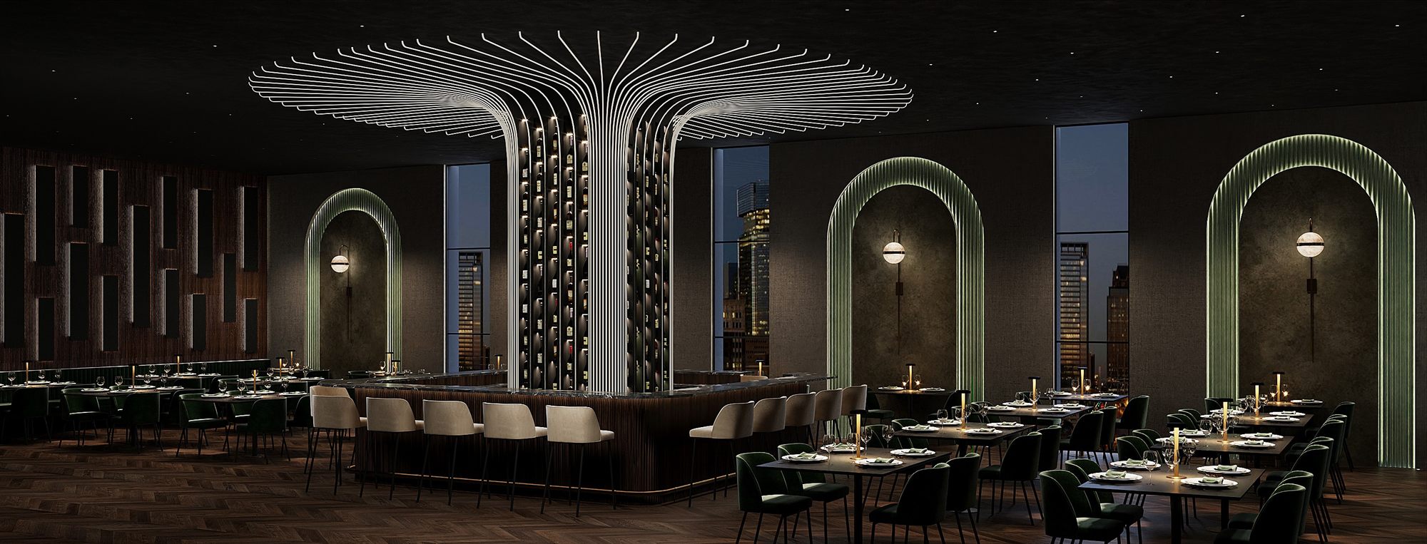 Restaurant interior with a sculptural lit ceiling